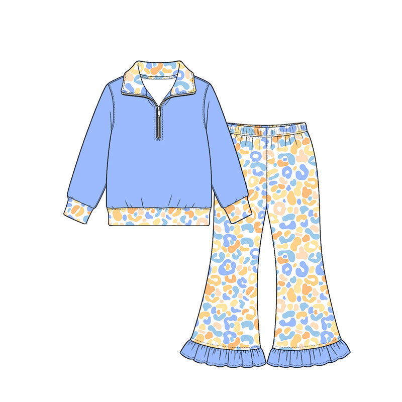 Preorder (moq 5) Baby Girl Clothes Blue Pastel Leopard Print Long Sleeve Half Zip Top Ruffle Flare Pant Set
