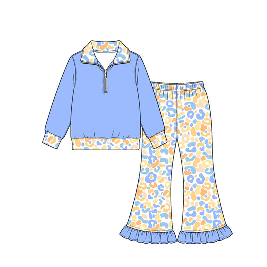 Preorder (moq 5) Baby Girl Clothes Blue Pastel Leopard Print Long Sleeve Half Zip Top Ruffle Flare Pant Set