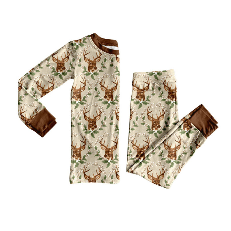 Preorder (moq 5) Baby Boy Clothes Deer Head Holly Leaf Allover Print Long Sleeve Jogger Pajama Set