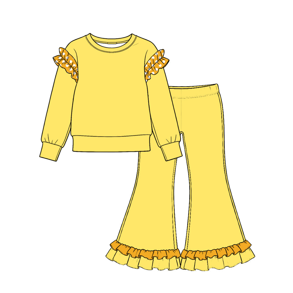 Preorder (moq 5) Baby Girl Clothes Bright Yellow Orange Polka Dot Ruffle Accent Long Sleeve Flare Pant Set