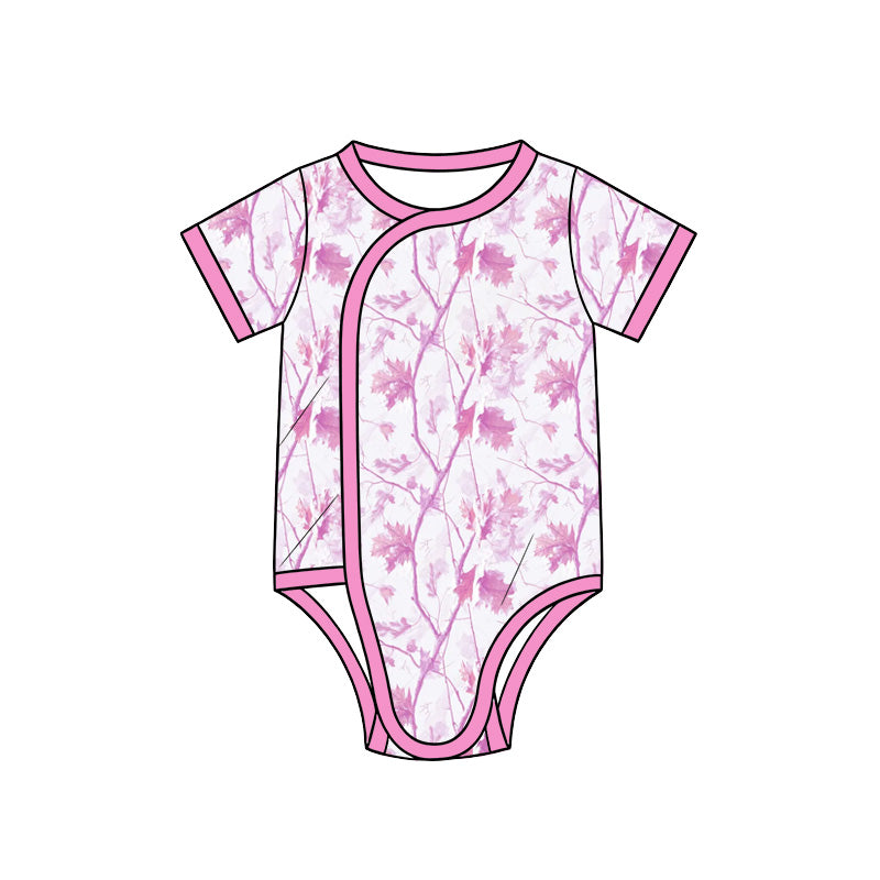 Preorder (moq 5) Baby Girl Clothes Pink Maple Leaf Camo Print Short Sleeve Side Snap Bodysuit