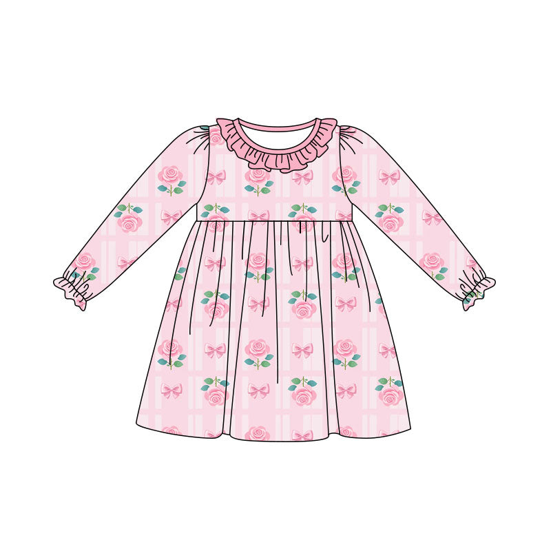 Preorder (moq 5) Baby Girl Clothes Rose Bow Plaid Print Ruffle Neck Long Sleeve Swing Dress