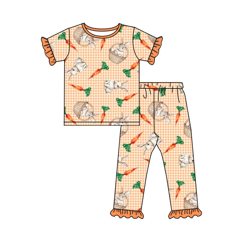Preorder (moq 5) Baby Girl Clothes Easter Bunny Carrot Basket Gingham Print Short Sleeve Ruffle Tee Ruffle Pant Set