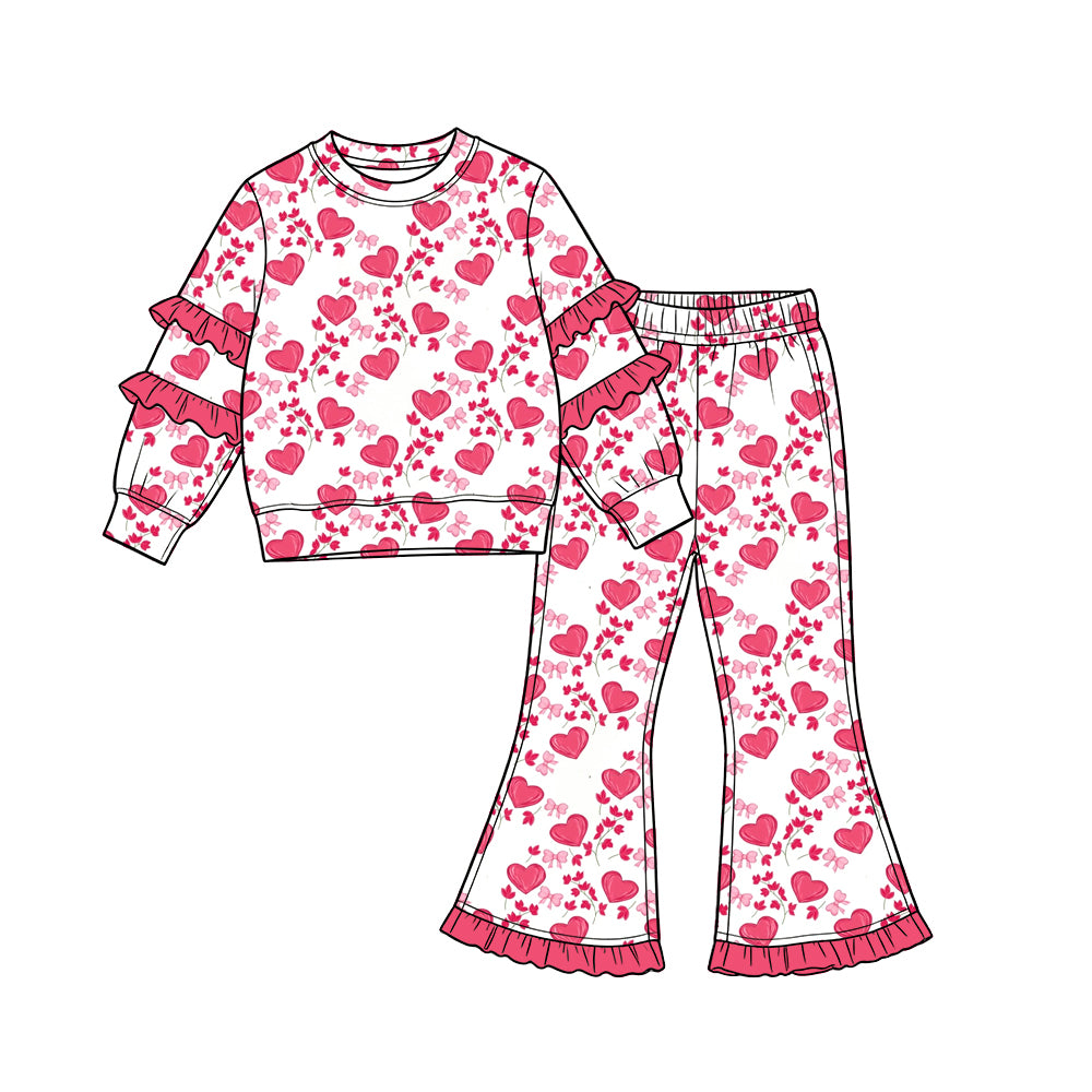 Preorder (moq 5) Baby Girl Clothes Pink Heart Floral Allover Print Long Sleeve Ruffle Sleeve Flare Pant Set