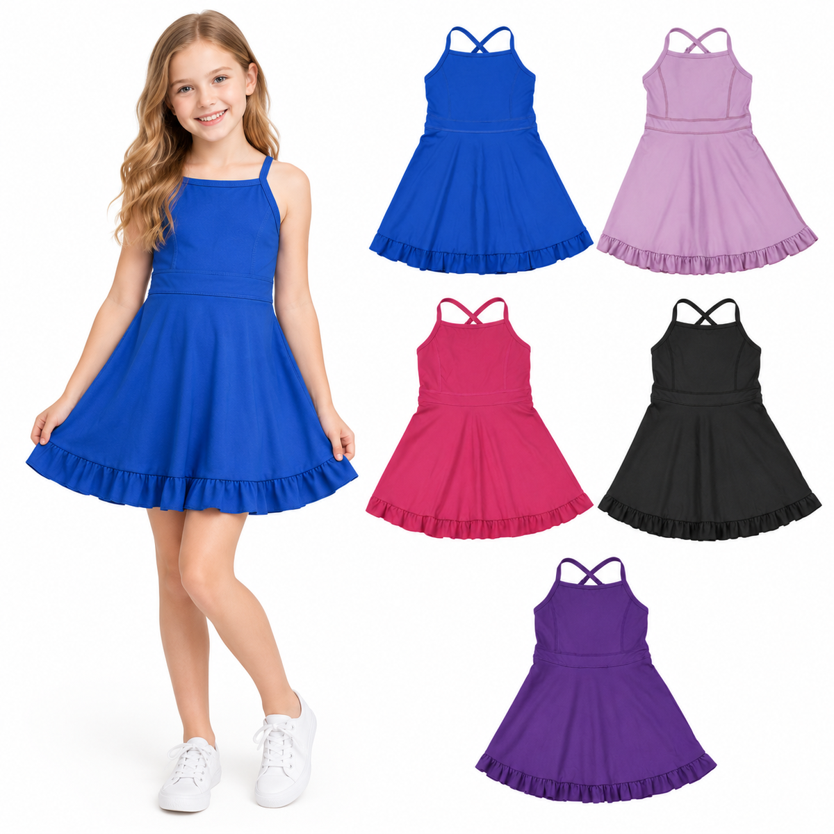 NO MOQ RTS S0727 Girl Clothes Solid Rose Red Plain Print Sleeveless Criss Cross Strap Ruffle Hem Tennis Dress 202610