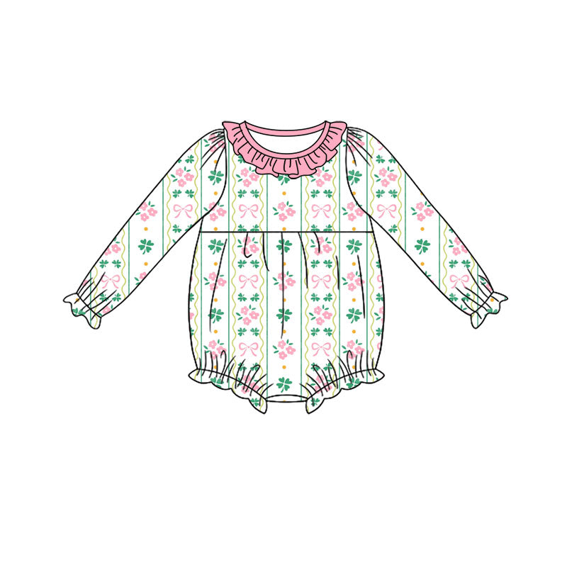 Preorder (moq 5) Baby Girl Clothes St Patricks Day Clover Floral Bow Stripe Print Long Sleeve Ruffle Bubble Romper