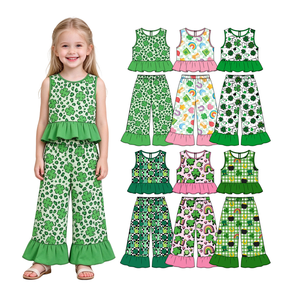 Preorder (moq 5) Baby Girl Clothes St Patrick Rainbow Heart Checker Mixed Print Sleeveless Ruffle Flare Pant Set