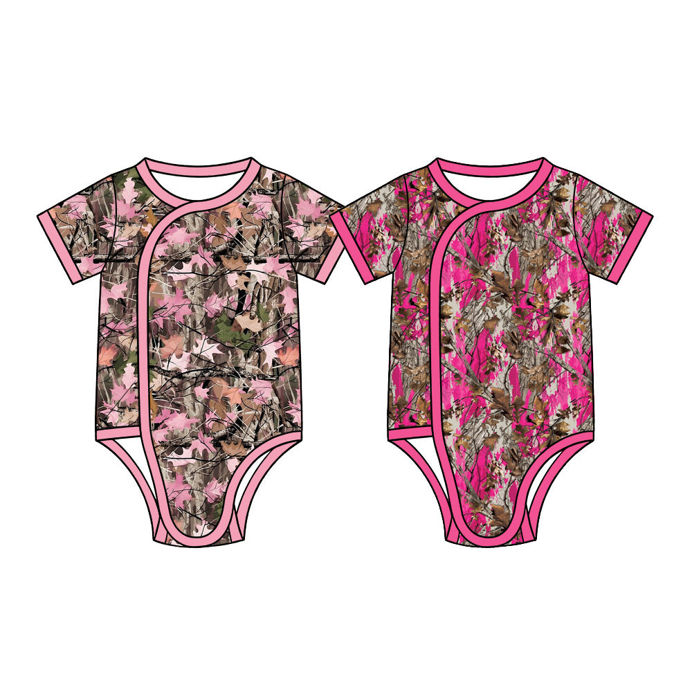 Preorder (moq 5) SR4361 Baby Girl Clothes Hot Pink Tree Camo Print Short Sleeve Side Snap Bodysuit