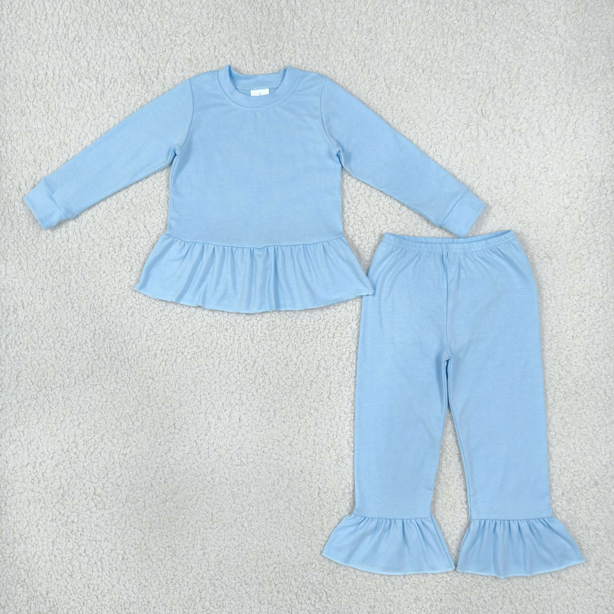 NO MOQ RTS GLP3748 (2) Baby Girl Clothes Solid Light Blue Ruffle Hem Long Sleeve Top Flare Pant Set 202610