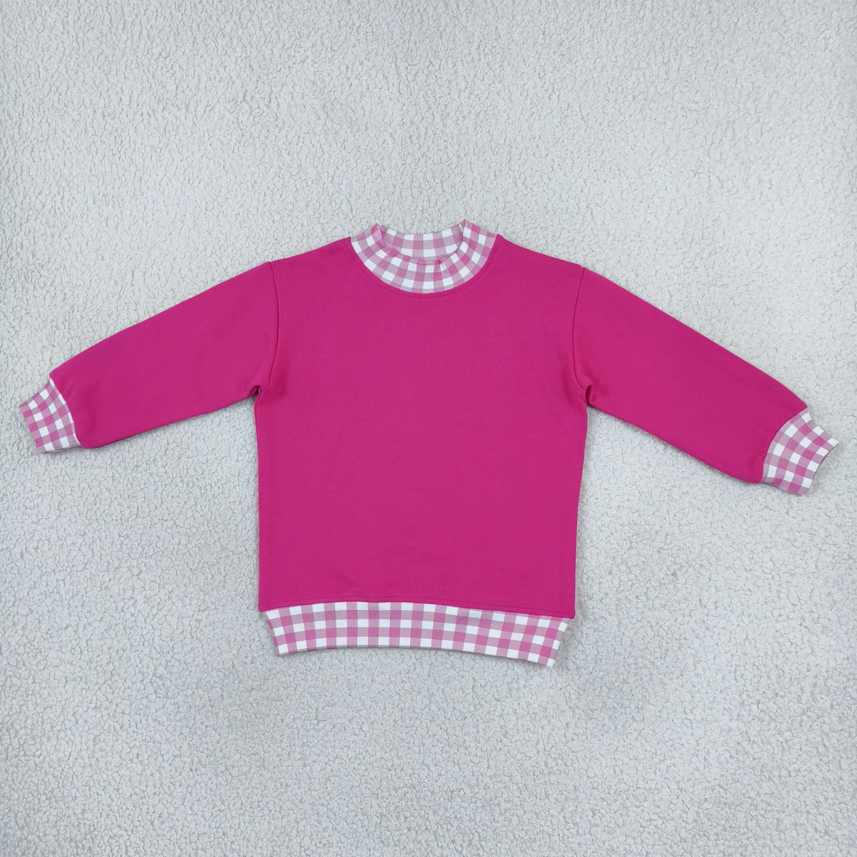 NO MOQ RTS GT1800 (2) Baby Girl Clothes Hot Pink Gingham Patchwork Solid Long Sleeve Top 202610
