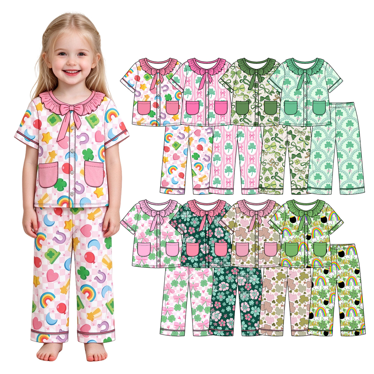 Preorder (moq 5) Girls St Patrick Pajamas Dark Green Floral Print Ruffle Collar Bow Short Sleeve Top Long Pants Set