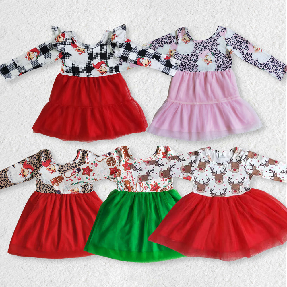 GLD0121 christmas Santa plaid long sleeve gauze girl tulle dress RTS 20230706