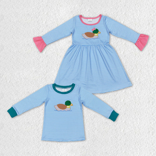 BT0402  long sleeve embroidery duck western blue stripe top button girl shirt 20231103