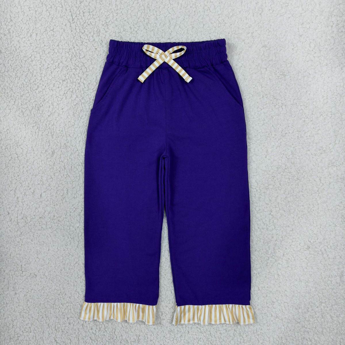 NO MOQ RTS P1155 Baby Girl Clothes Solid Purple Striped Ruffle Cuff Accent Print Straight Pants 202610