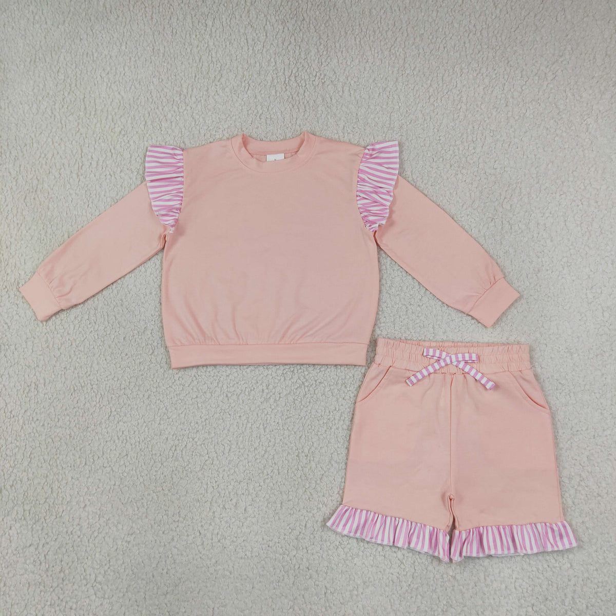 NO MOQ RTS GLS0222-bundle (2) Baby Girl Clothes Solid Peach Pink Stripe Ruffle Long Sleeve Short Set 202610