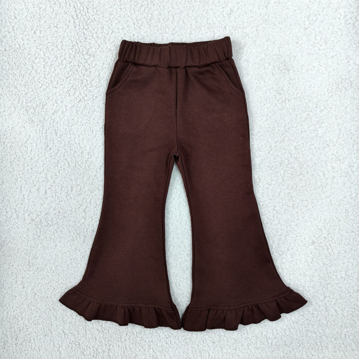 NO MOQ RTS P1074 Baby Girl Clothes Solid Brown Plain Long Sleeve Ruffle Hem Flare Pants 202610