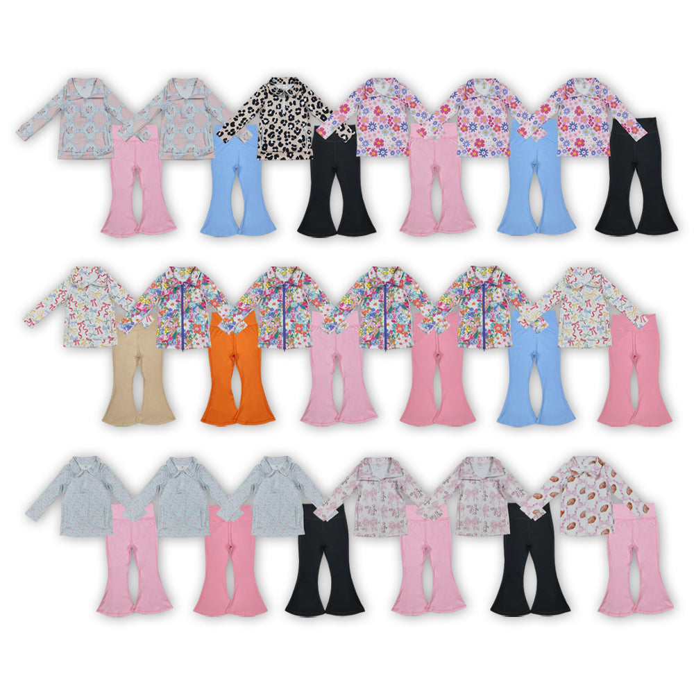 NO MOQ RTS GLP2970 Baby Girl Clothes Tiny Purple Pink Dot Floral Print Long Sleeve Half Zip Top Solid Pink Flare Pant Set 202610