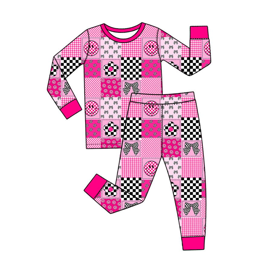 Preorder (moq 5) Baby Girl Clothes Bow Smile Gingham Patchwork Print Long Sleeve Top Pant Pajama Set