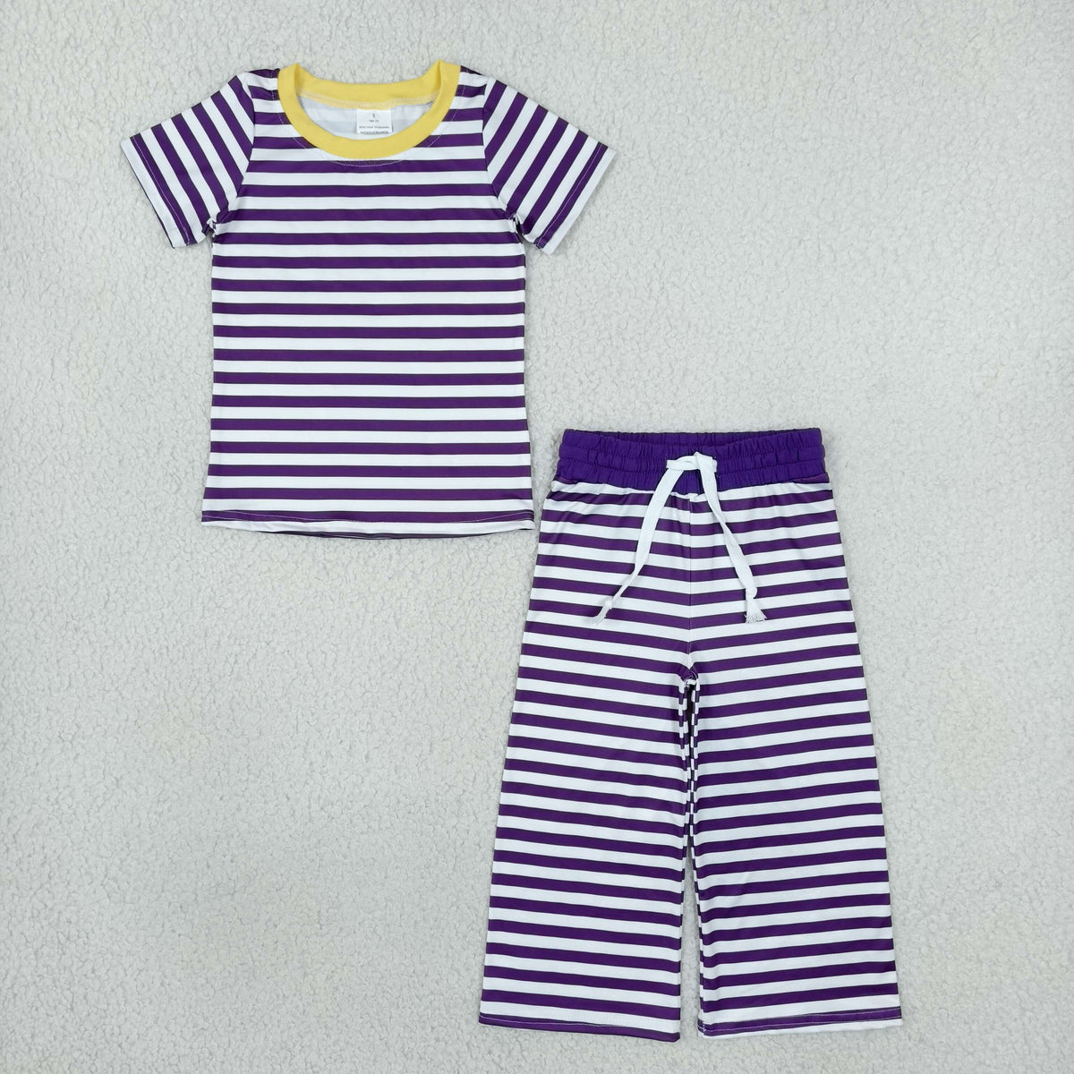 NO MOQ RTS GSPO2386 Baby Girl Clothes Mardi Gras Purple White Stripe Print Short Sleeve Wide Leg Pant Set 202610
