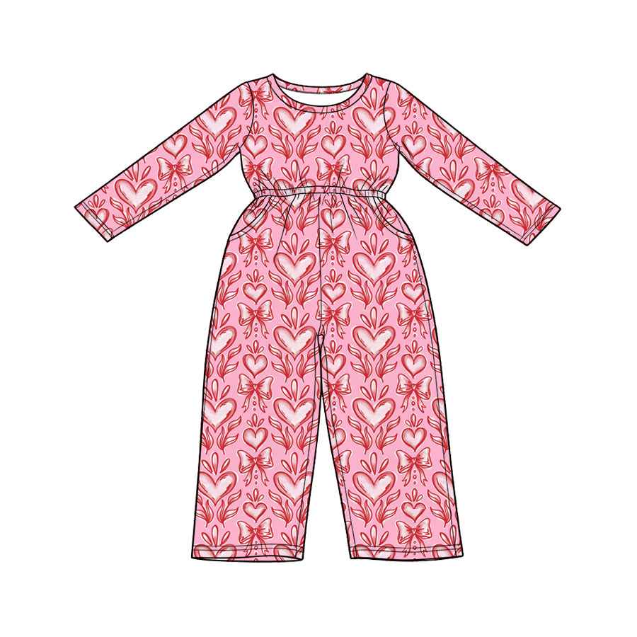 Preorder (moq 5) Baby Girl Clothes Vintage Heart Bow Damask Mixed Print Long Sleeve Elastic Waist Pocket Jumpsuit