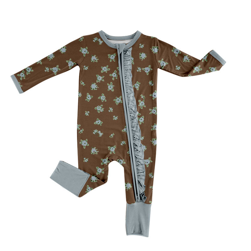 Preorder (moq 5) Baby Girl Clothes Dark Brown Small Floral Print Long Sleeve Ruffle Zip Front Romper Jumpsuit