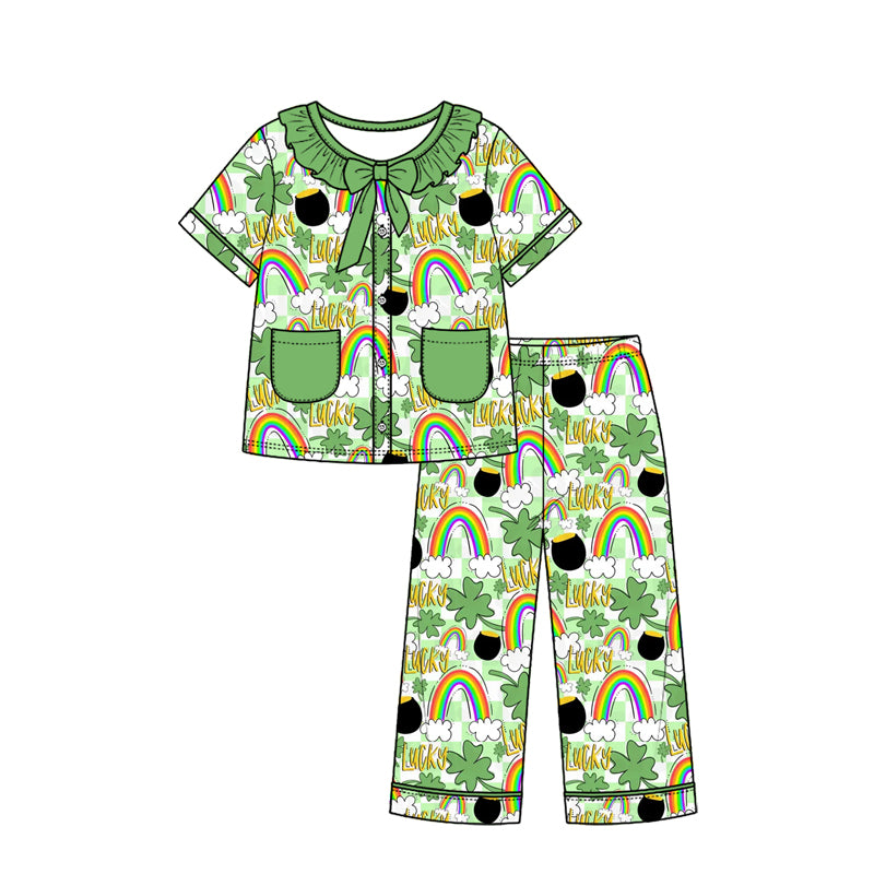 Preorder (moq 5) Girls St Patrick Pajamas Lucky Rainbow Shamrock Print Ruffle Collar Bow Short Sleeve Top Long Pants Set