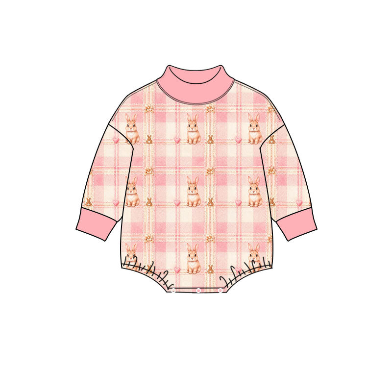 Preorder (moq 5) Baby Girl Clothes Easter Cute Bunny Heart Pink Plaid Print Long Sleeve Mock Neck Bubble Romper