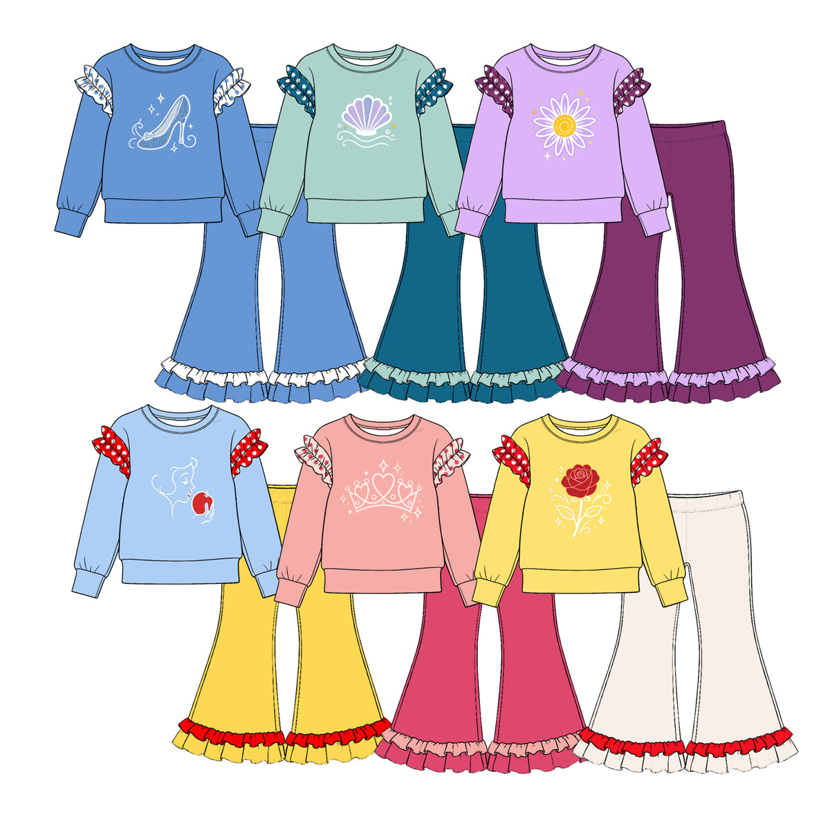 Preorder (moq 5) GLP4062 Baby Girl Clothes Seashell Graphic Print Long Sleeve Ruffle Flare Pant Set