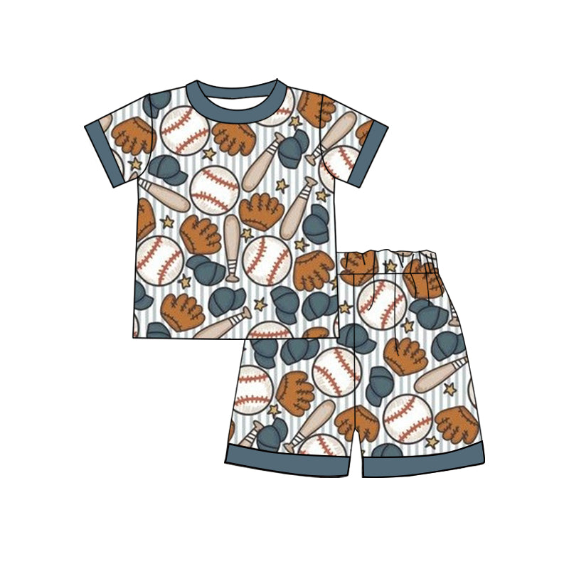 Preorder (moq 5) Boys Outfit Striped Background Baseball Equipment Print Short Sleeve Top And Shorts Set