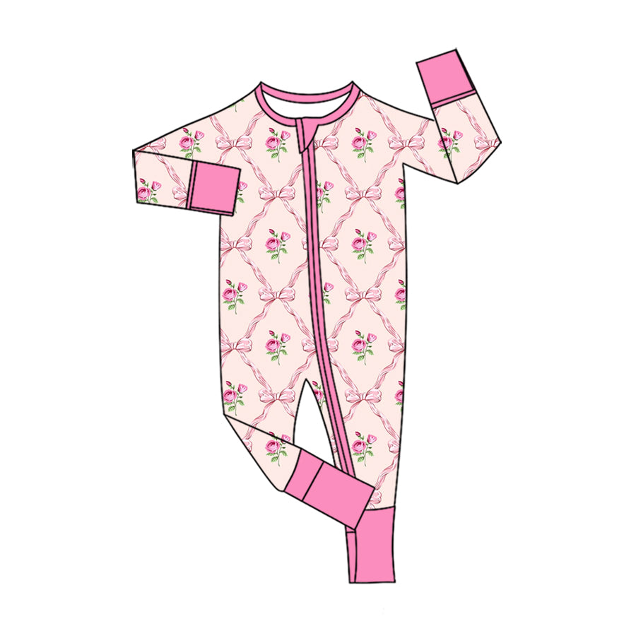Preorder (moq 5) Baby Girl Clothes Pink Lattice Rose Bow Allover Print Long Sleeve Zipper Jumpsuit