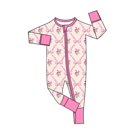 Preorder (moq 5) Baby Girl Clothes Pink Lattice Rose Bow Allover Print Long Sleeve Zipper Jumpsuit