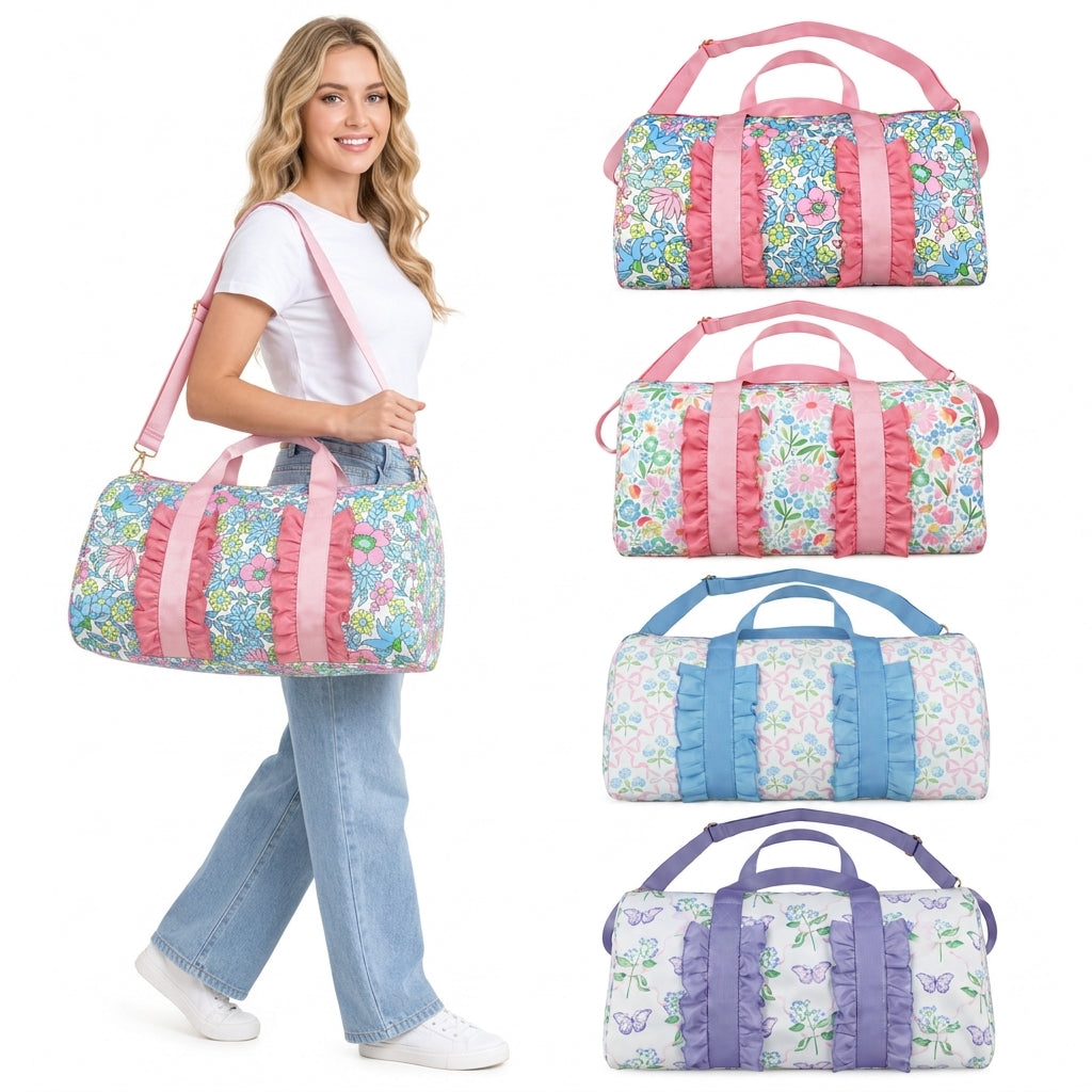 NO MOQ RTS BA0294 Kids Bag Bow Hydrangea Print Blue Ruffle Travel Duffle Bag 202610