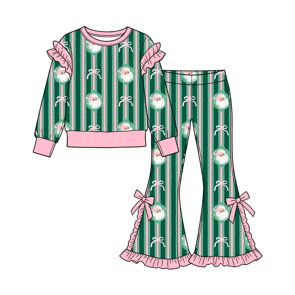 Preorder (moq 5) Baby Girl Clothes Christmas Santa Stripe Bow Mixed Print Long Sleeve Ruffle Top Flare Pant Set