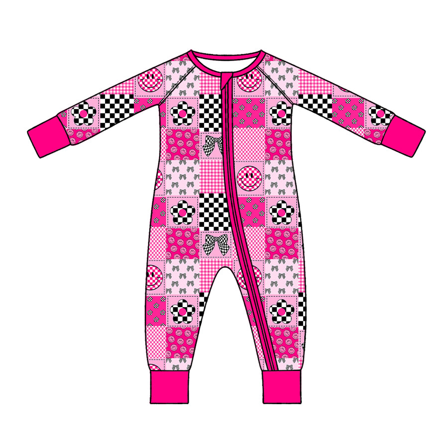 Preorder (moq 5) Baby Clothes Patchwork Bow Flower Smiley Gingham Long Sleeve Zipper Romper