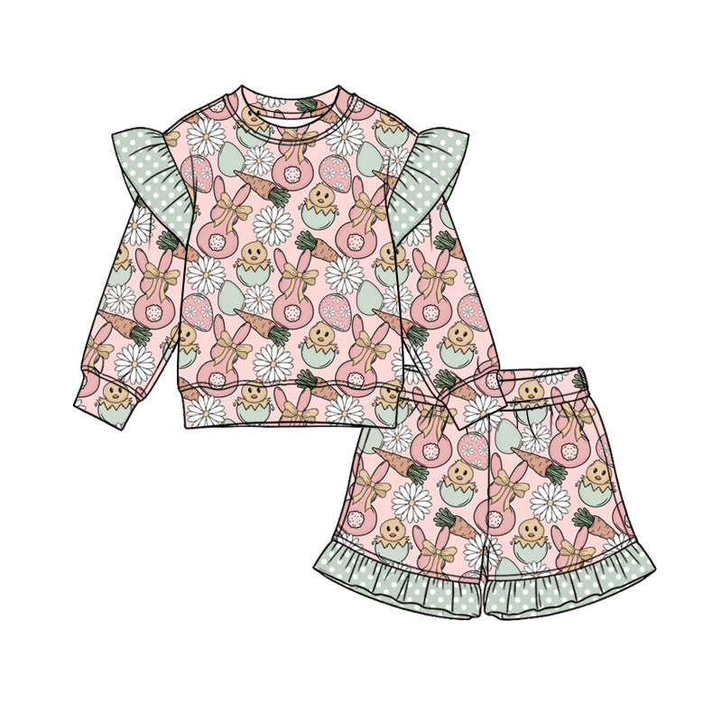 Preorder (moq 5) Baby Girl Clothes Easter Bunny Chick Egg Daisy Print Long Sleeve Ruffle Top Ruffle Shorts Outfit Set