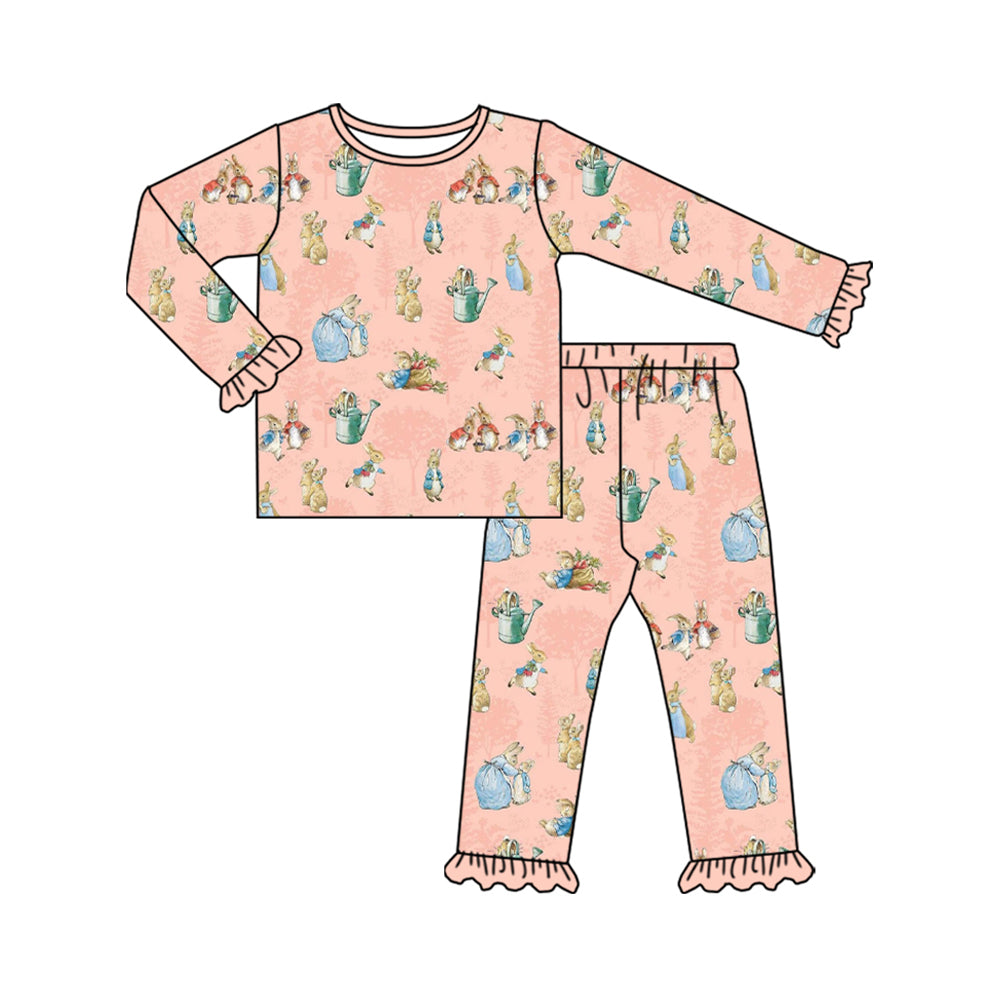 Preorder (moq 5) Baby Girl Clothes Easter Vintage Rabbit Garden Print Ruffle Long Sleeve Pajama Set