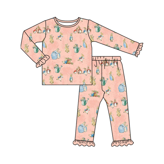 Preorder (moq 5) Baby Girl Clothes Easter Vintage Rabbit Garden Print Ruffle Long Sleeve Pajama Set