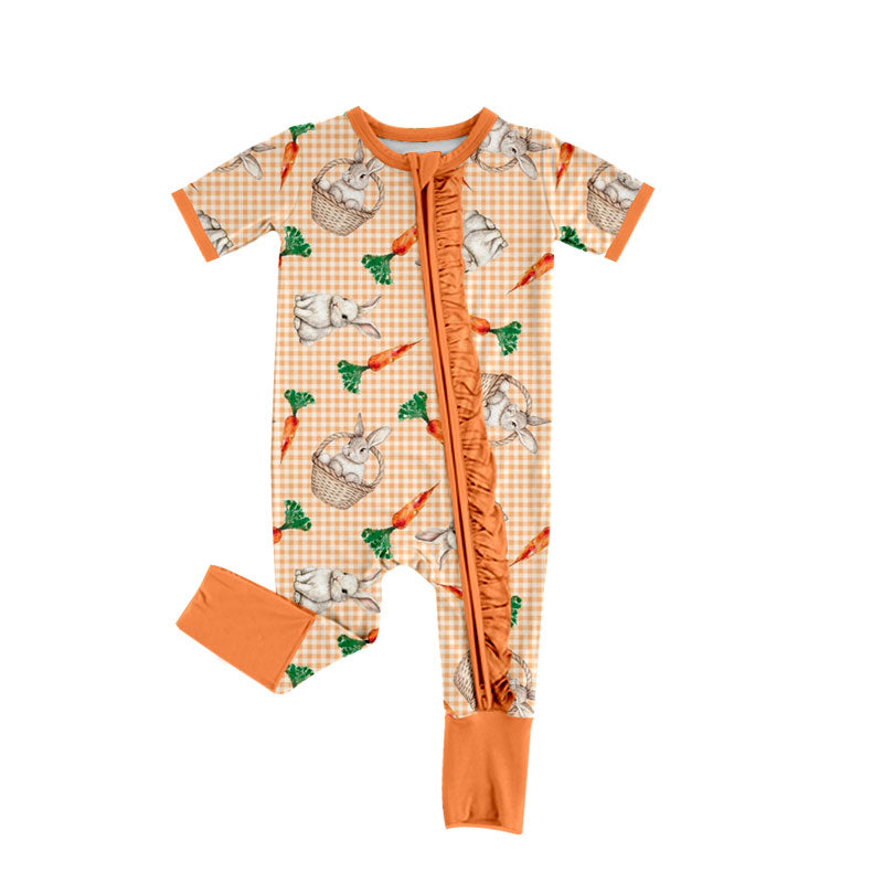Preorder (moq 5) Baby Girl Clothes Easter Bunny Carrot Basket Gingham Print Short Sleeve Zipper Ruffle Romper