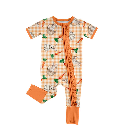 Preorder (moq 5) Baby Girl Clothes Easter Bunny Carrot Basket Gingham Print Short Sleeve Zipper Ruffle Romper