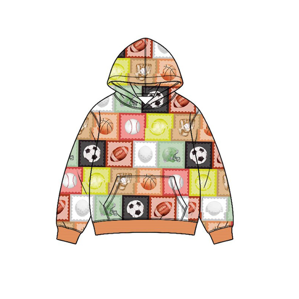 Preorder (moq 5) Baby Boy Clothes Multi Sport Ball Patchwork Print Long Sleeve Hoodie