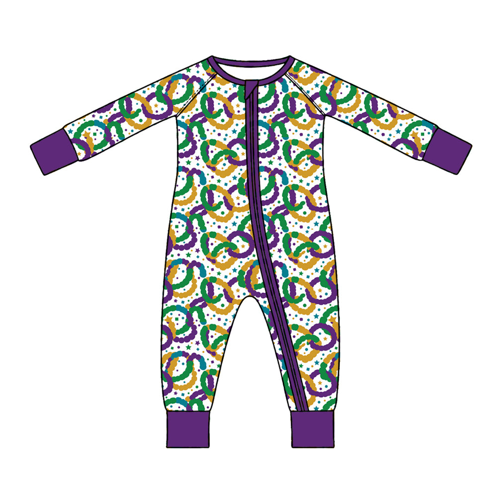 Preorder (moq 5) Baby Girl Clothes Mardi Gras Circle Bead Star Mixed Print Long Sleeve Zipper Romper