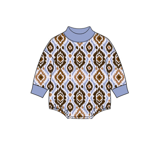 Preorder (moq 5) Baby Clothes Brown Blue Ikat Aztec Print Long Sleeve Mock Neck Bubble Romper