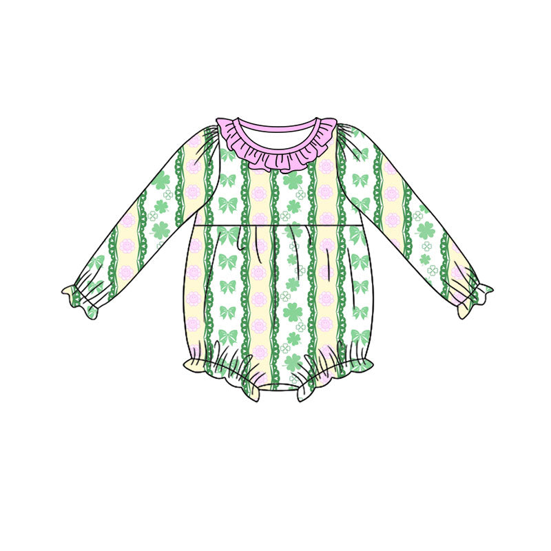Preorder (moq 5) Baby Girl Clothes St Patricks Day Clover Bow Floral Vertical Stripe Print Long Sleeve Ruffle Bubble Romper