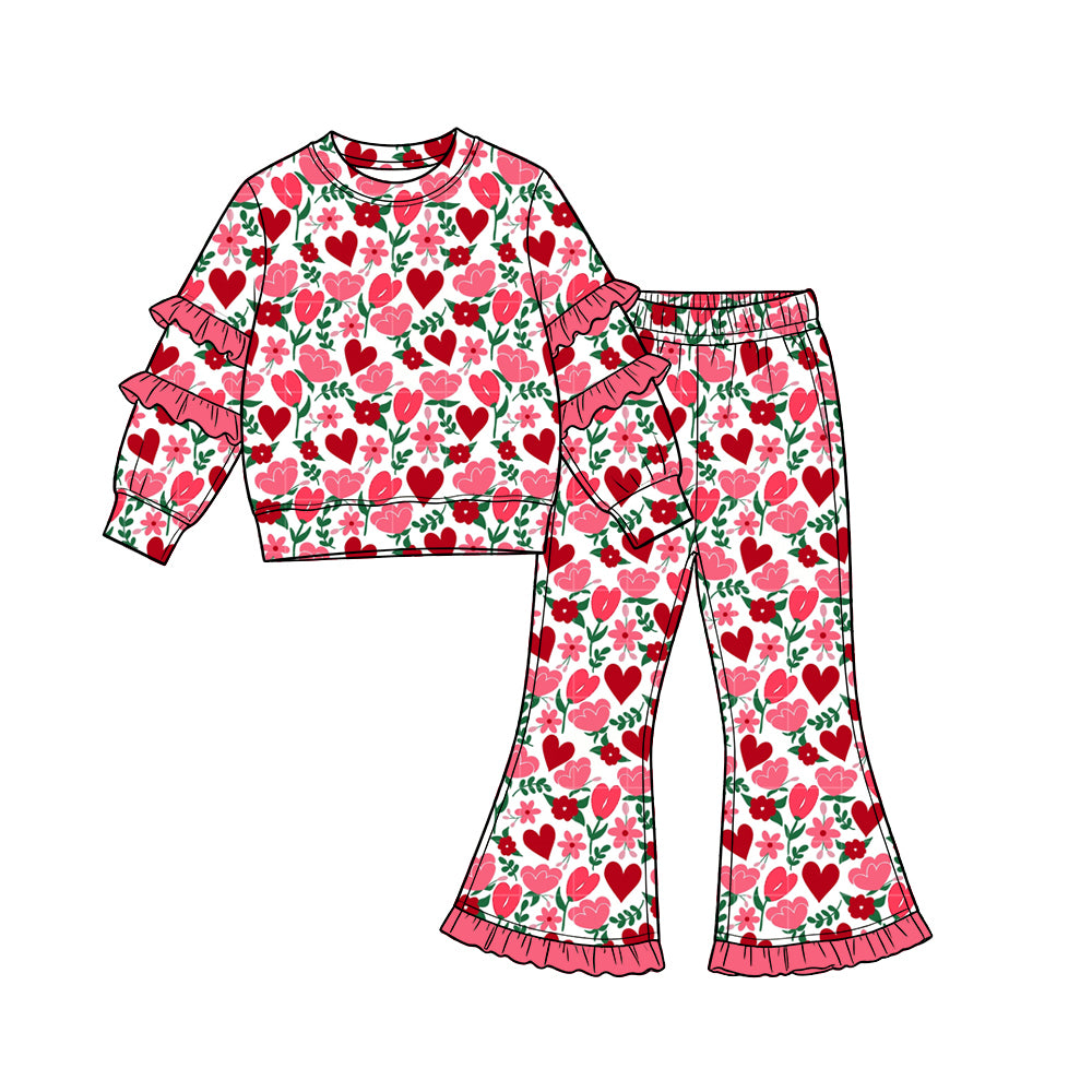 Preorder (moq 5) Baby Girl Clothes Red Heart Wildflower Allover Print Long Sleeve Ruffle Sleeve Flare Pant Set