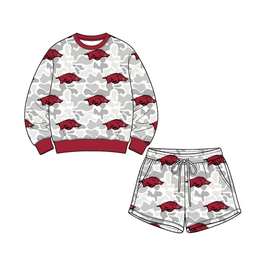Preorder (moq 5) Arkansas Baby Clothes Grey Camo Razorback Logo Mixed Print Long Sleeve Sweatshirt Shorts Outfit Set