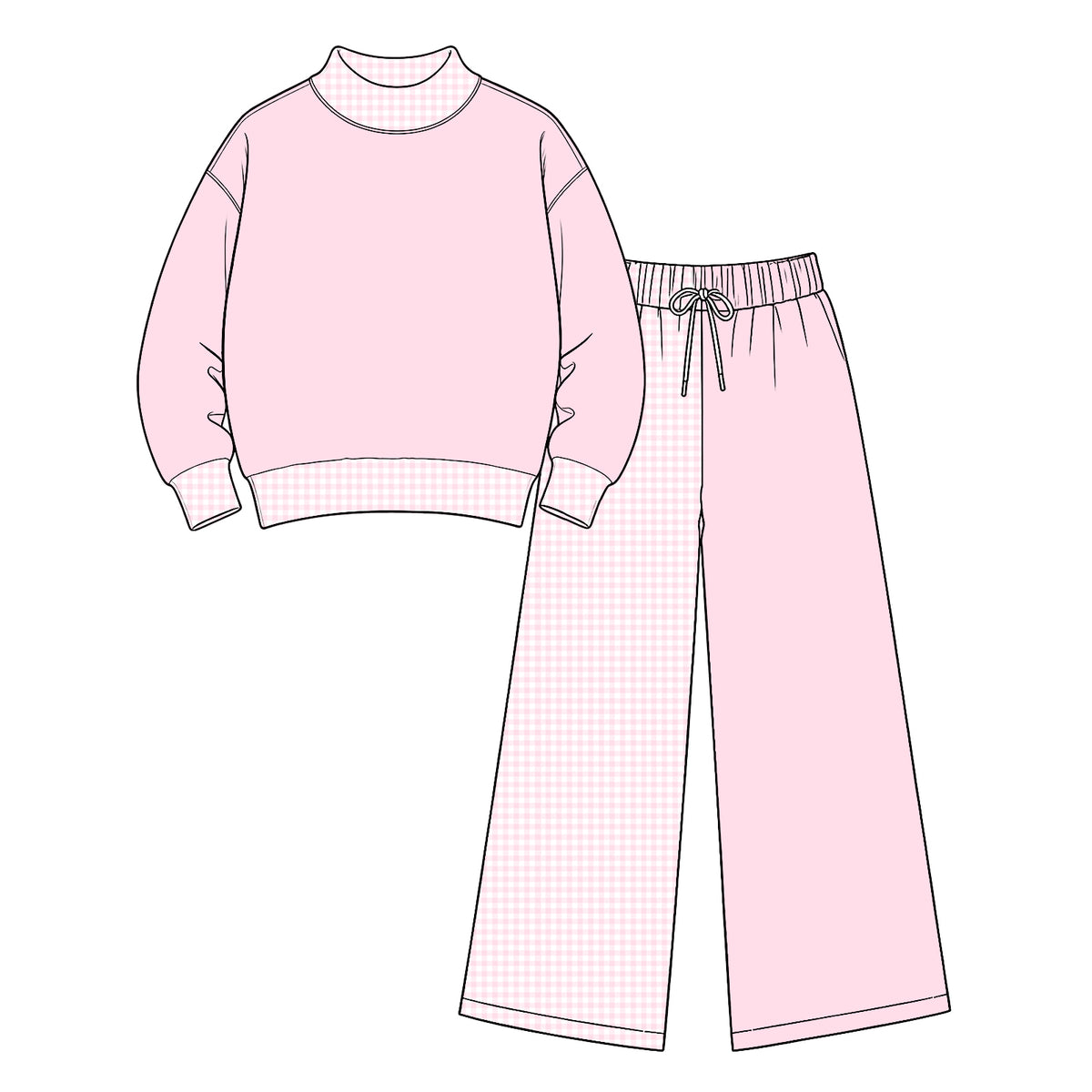 Preorder (moq 5) Baby Girl Clothes Light Pink Solid Gingham Patchwork Print Long Sleeve Wide Leg Pant Set