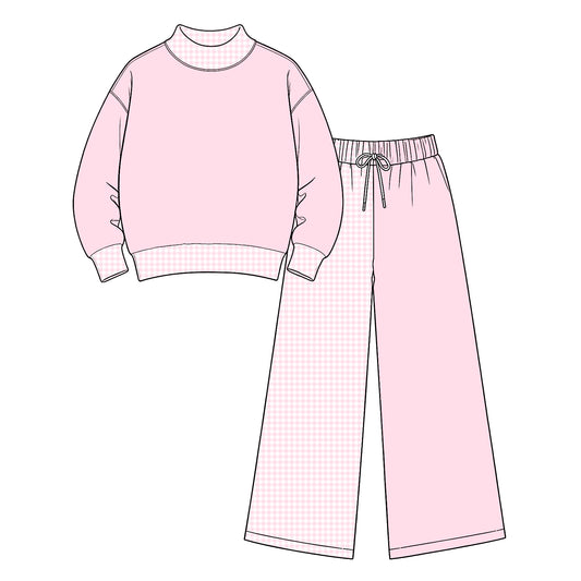 Preorder (moq 5) Baby Girl Clothes Light Pink Solid Gingham Patchwork Print Long Sleeve Wide Leg Pant Set