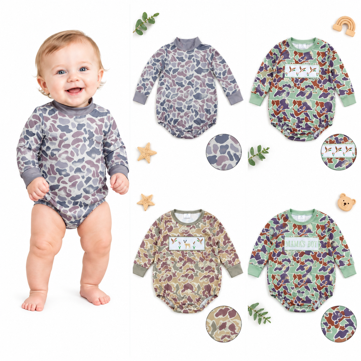NO MOQ RTS LR0286 Baby Boy Clothes Retro Camo Duck Embroidery Print Long Sleeve Bubble Romper 202610