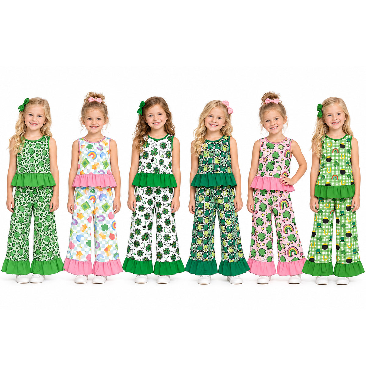 Preorder (moq 5) Baby Girl Clothes St Patrick Rainbow Heart Checker Mixed Print Sleeveless Ruffle Flare Pant Set