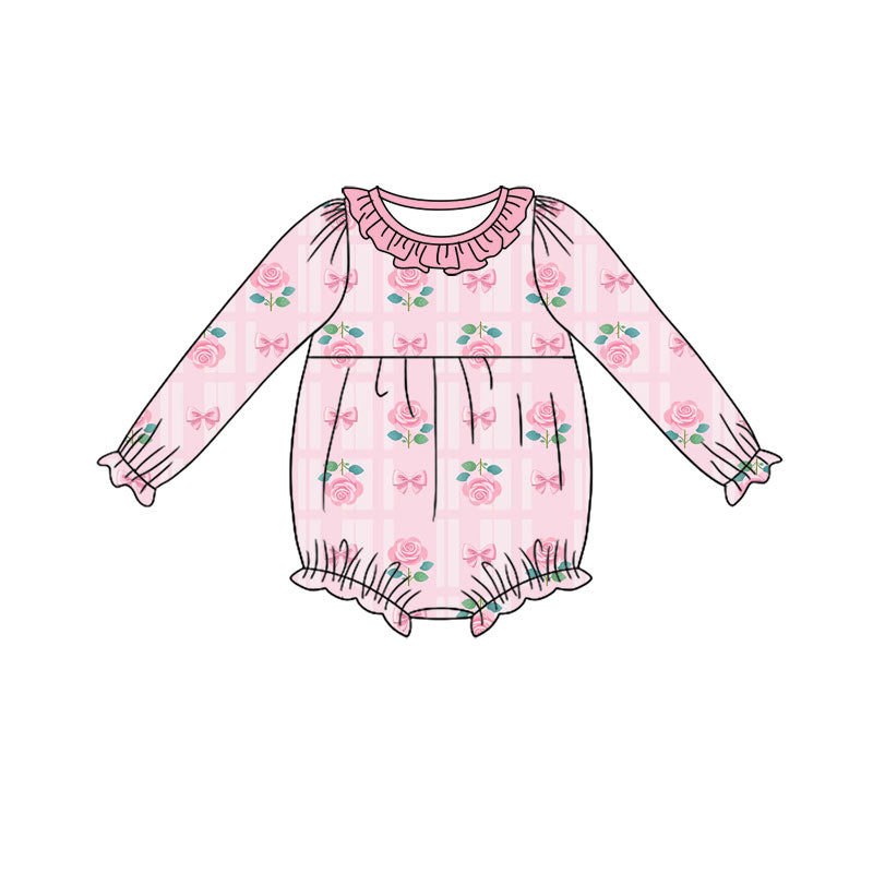Preorder (moq 5) Baby Girl Clothes Rose Bow Plaid Print Ruffle Neck Long Sleeve Bubble Romper